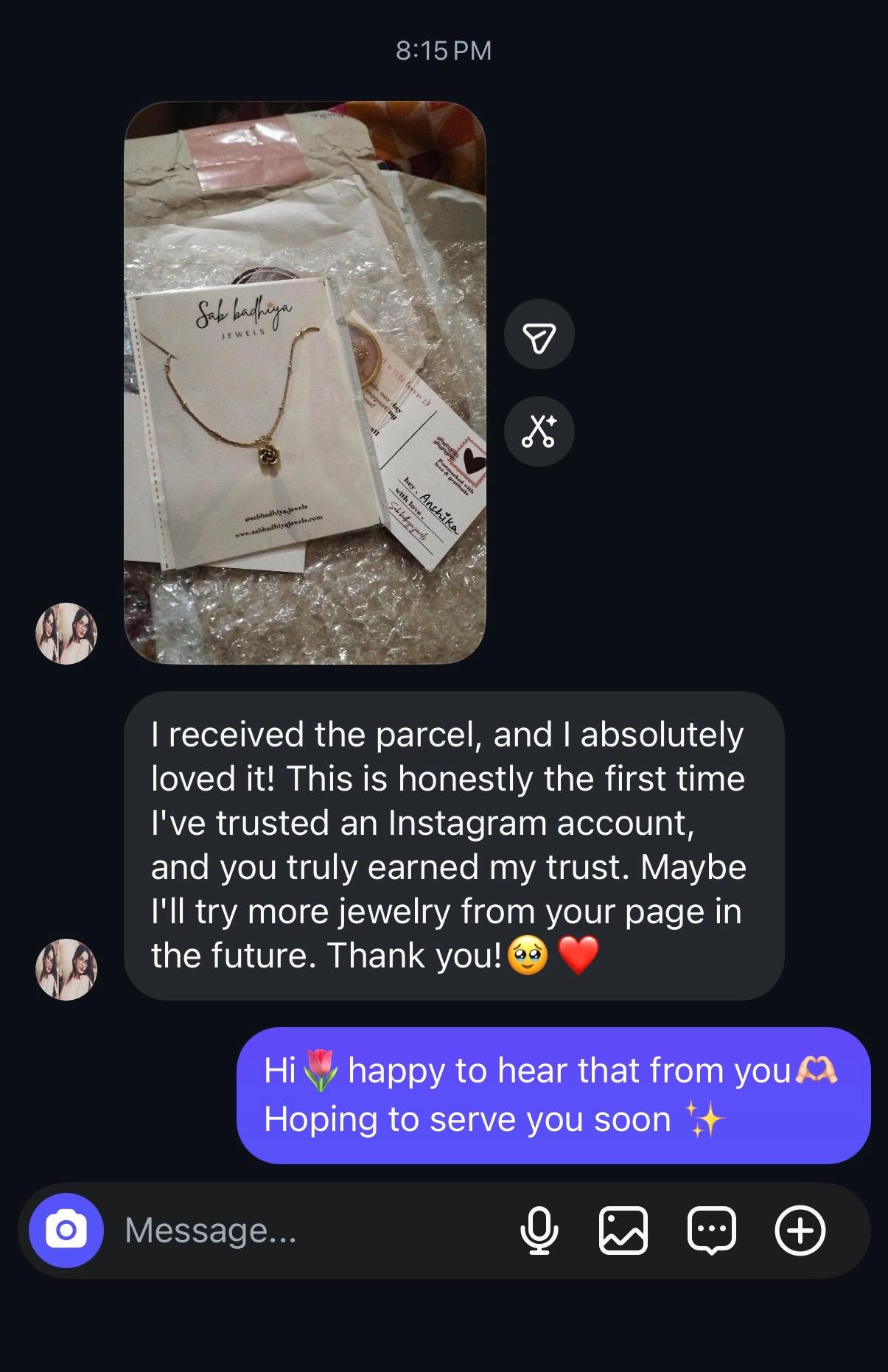 Instagram customer review screenshot for Sab Badhiya Jewels (15)